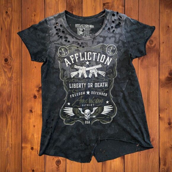 Y2K Affliction Women's  Distressed Shirt  Small Cyber Grunge Liberty Or Death - Picture 1 of 5